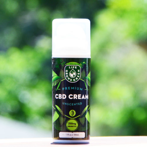 An airless pump bottle of 250mg CBD Cream that is unscented from Life Grows Green.