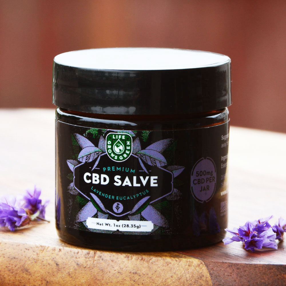 A jar of CBD salve with lavender and eucalyptus from Life Grows Green.