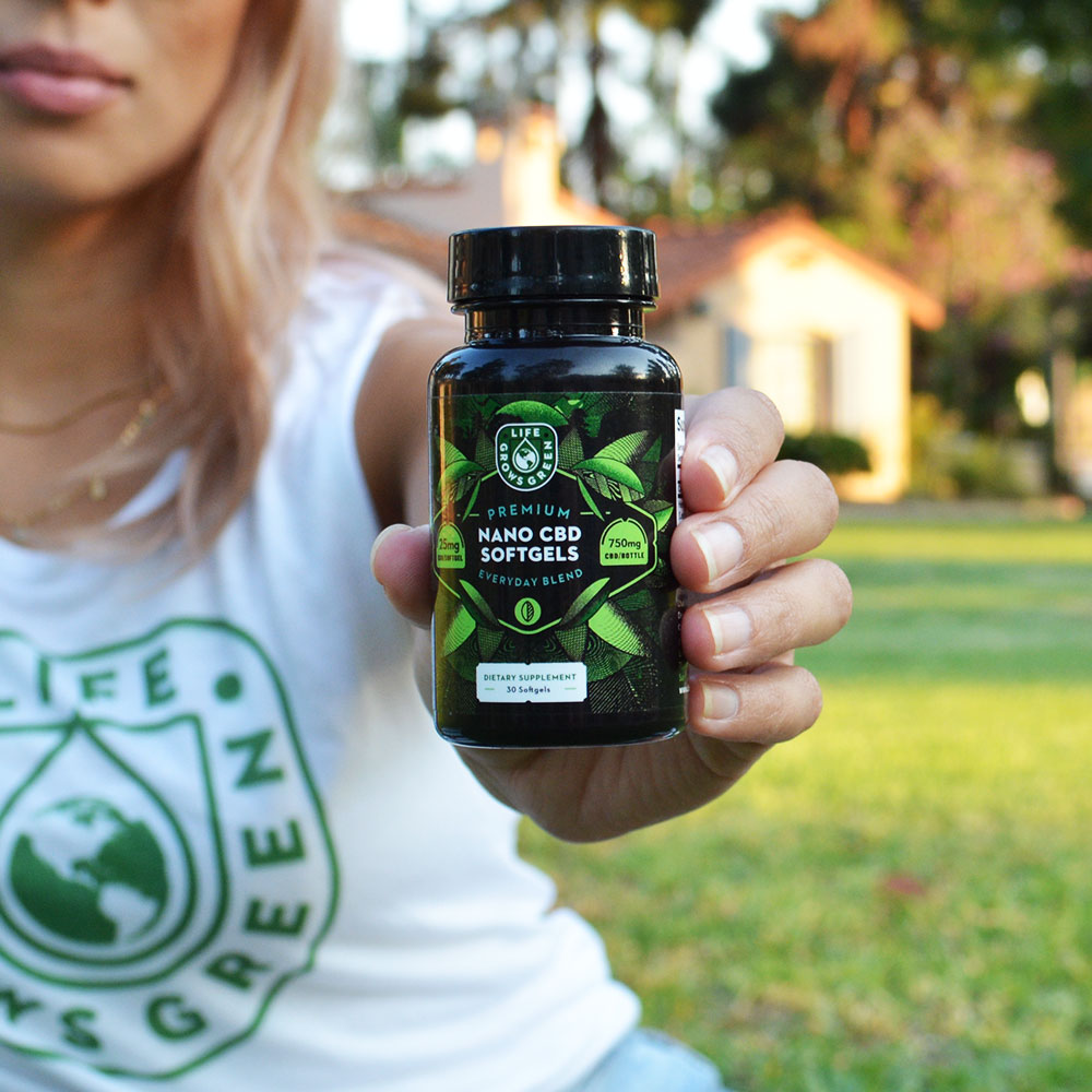 Life Grows Green CBD softgel capsules in 750mg dosage.