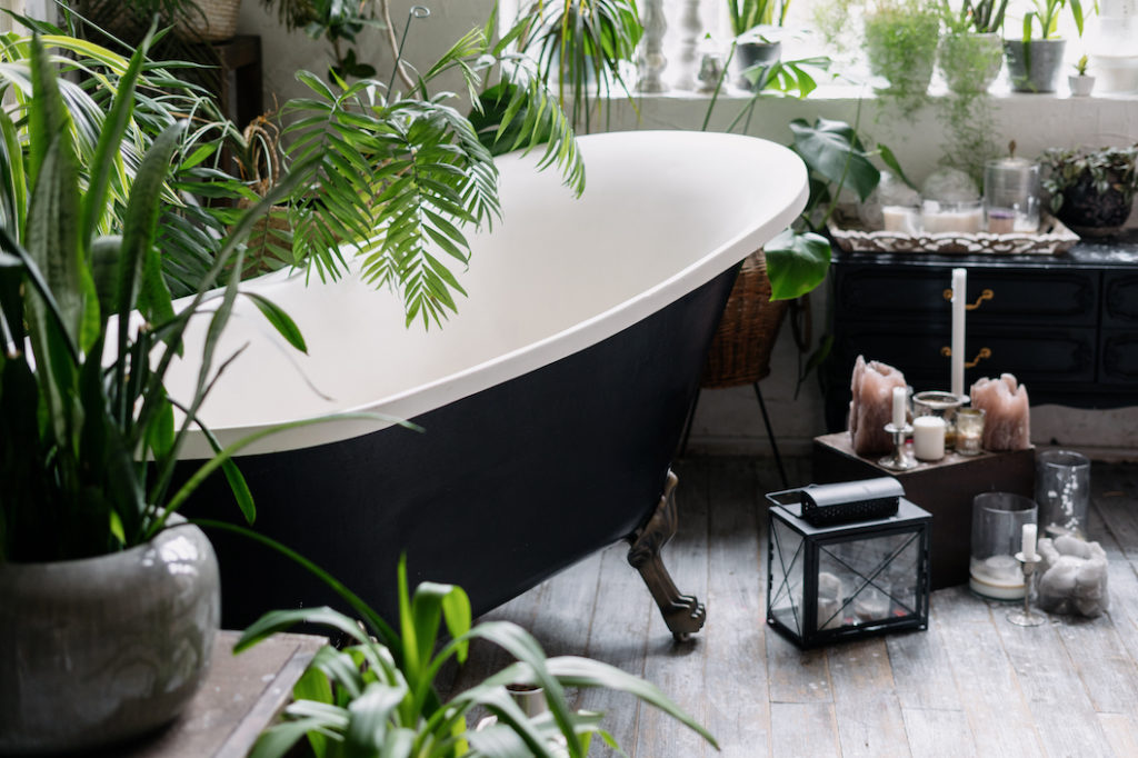 Black boho vintage bathtub bathroom with plants.