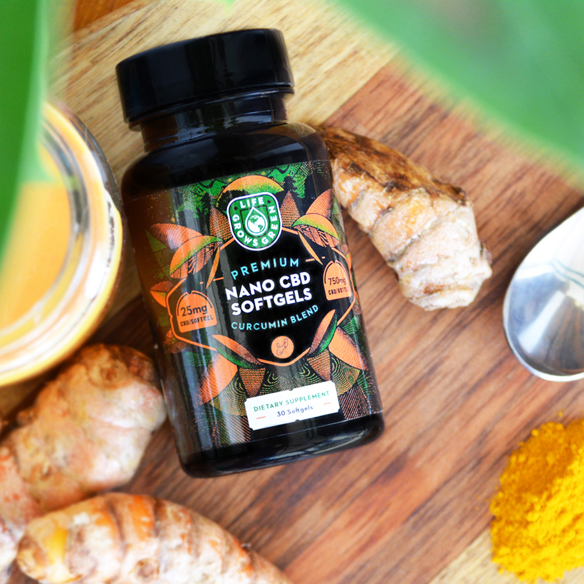 A bottle of Life Grows Green softgels with curcumin. 