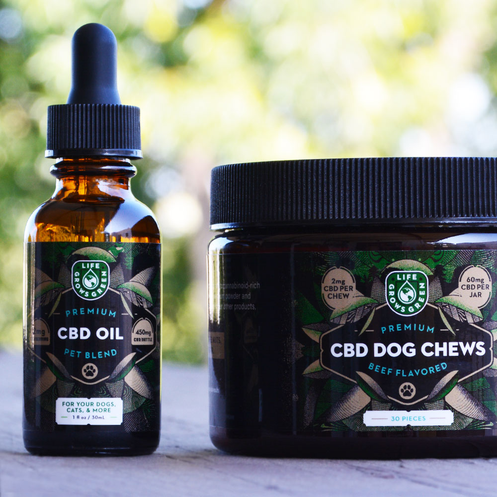 Life Grows Green Pet tincture and CBD dog chews. 